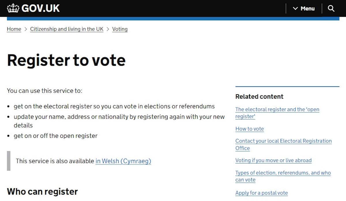 Electoral roll registration page